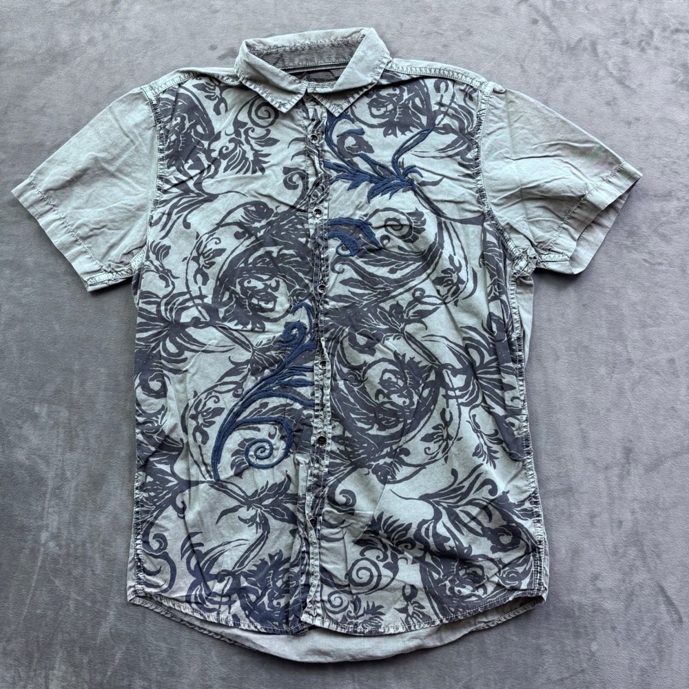 INC International Concepts Mens Gray Embroidered Scroll Floral Button Down M